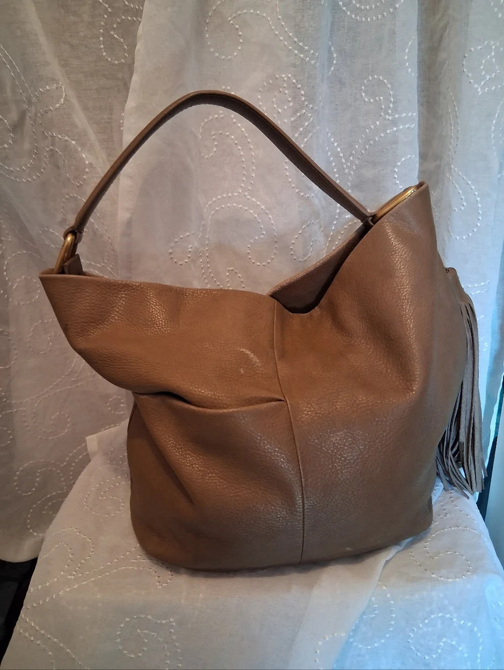 HOBO Harley Pebbled Leather Shoulder Hobo Bag with Tassel In Cedar Sagebrush - Picture 5 of 6